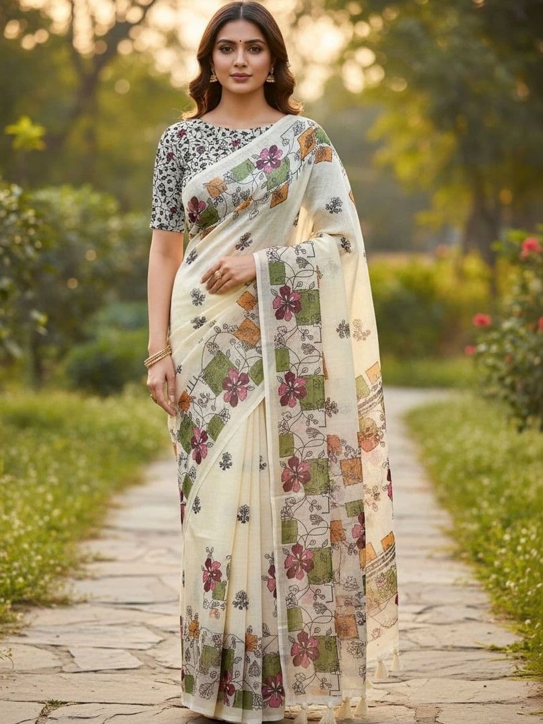 Fashion Mantra Floral Linen Blend Saree - view 1