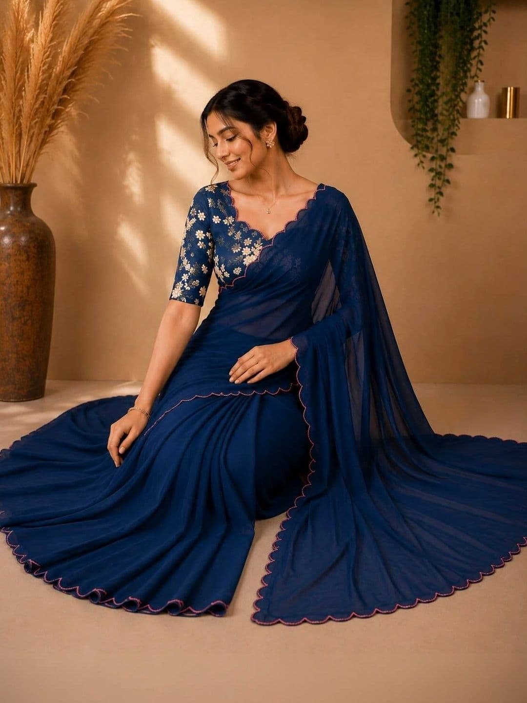 Vastra Drape Floral Embroidered Poly Georgette Saree - view 1
