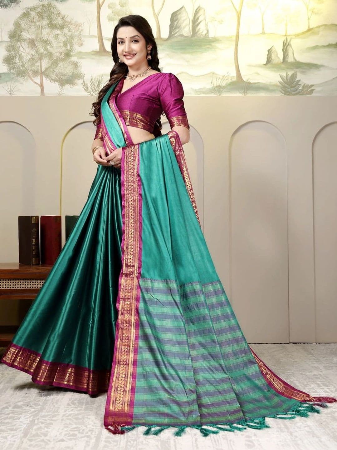 DEVANSH ENTERPRISE Striped Zari Silk Blend Banarasi Saree - view 1