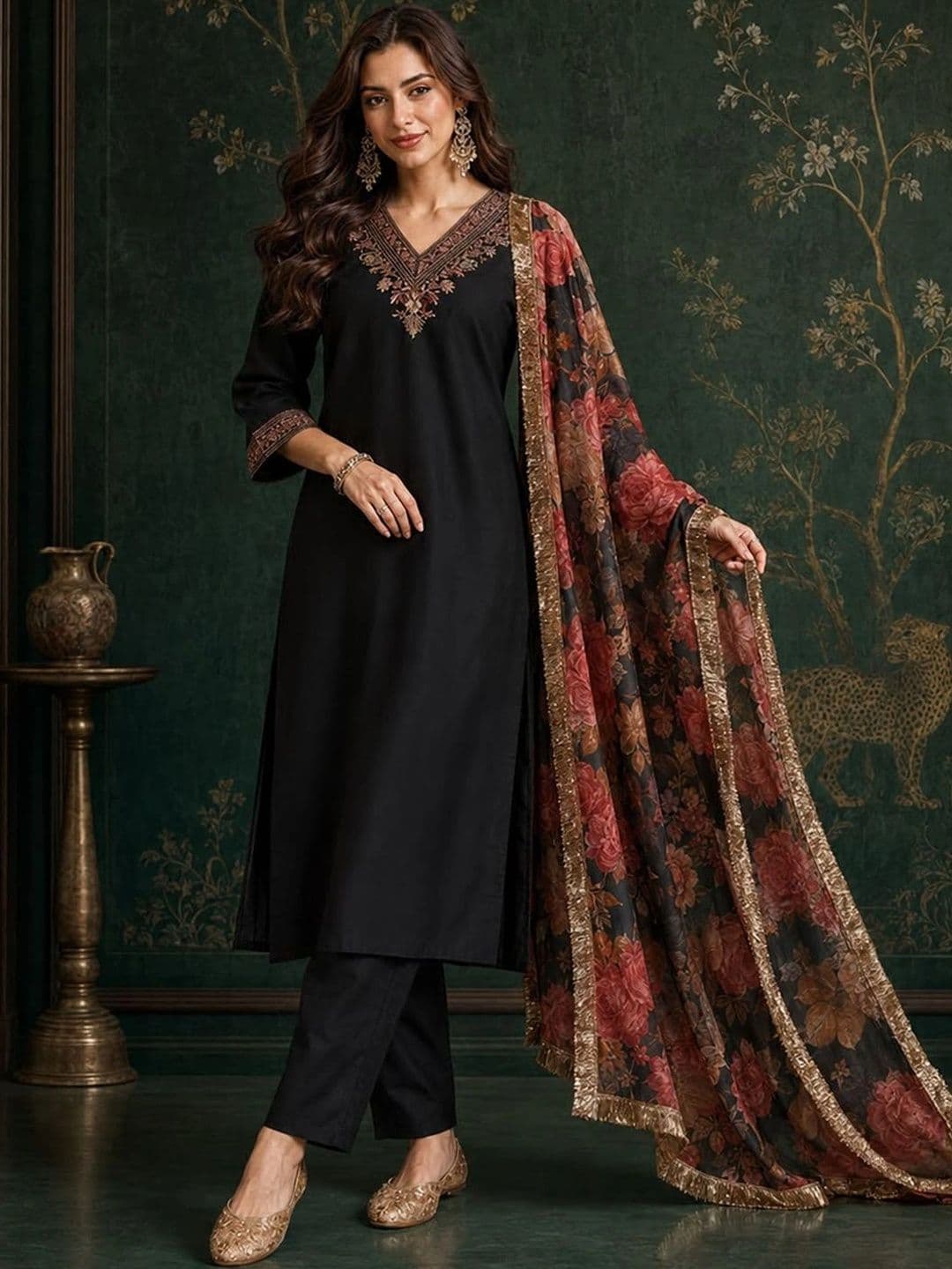 Varanga Floral Yoke Design V-Neck Straight Kurta With Trousers And Dupatta - view 1