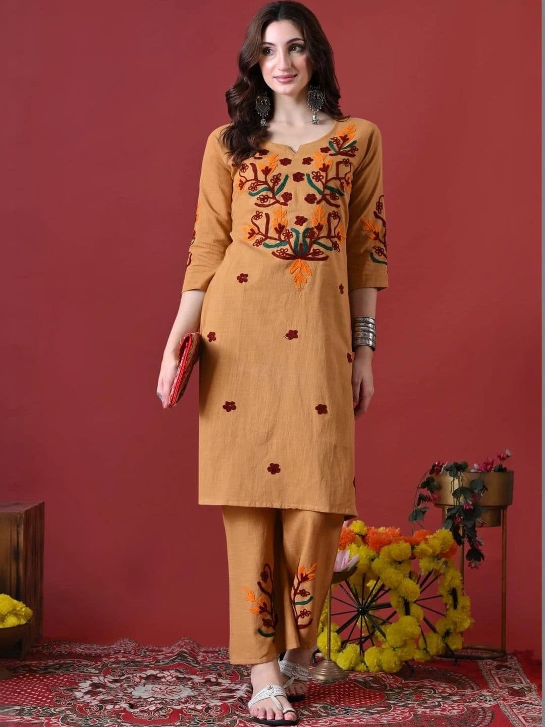 Anouk Women Ethnic Motifs Embroidered Regular Thread Work Pure Cotton Kurta with Palazzos - view 1