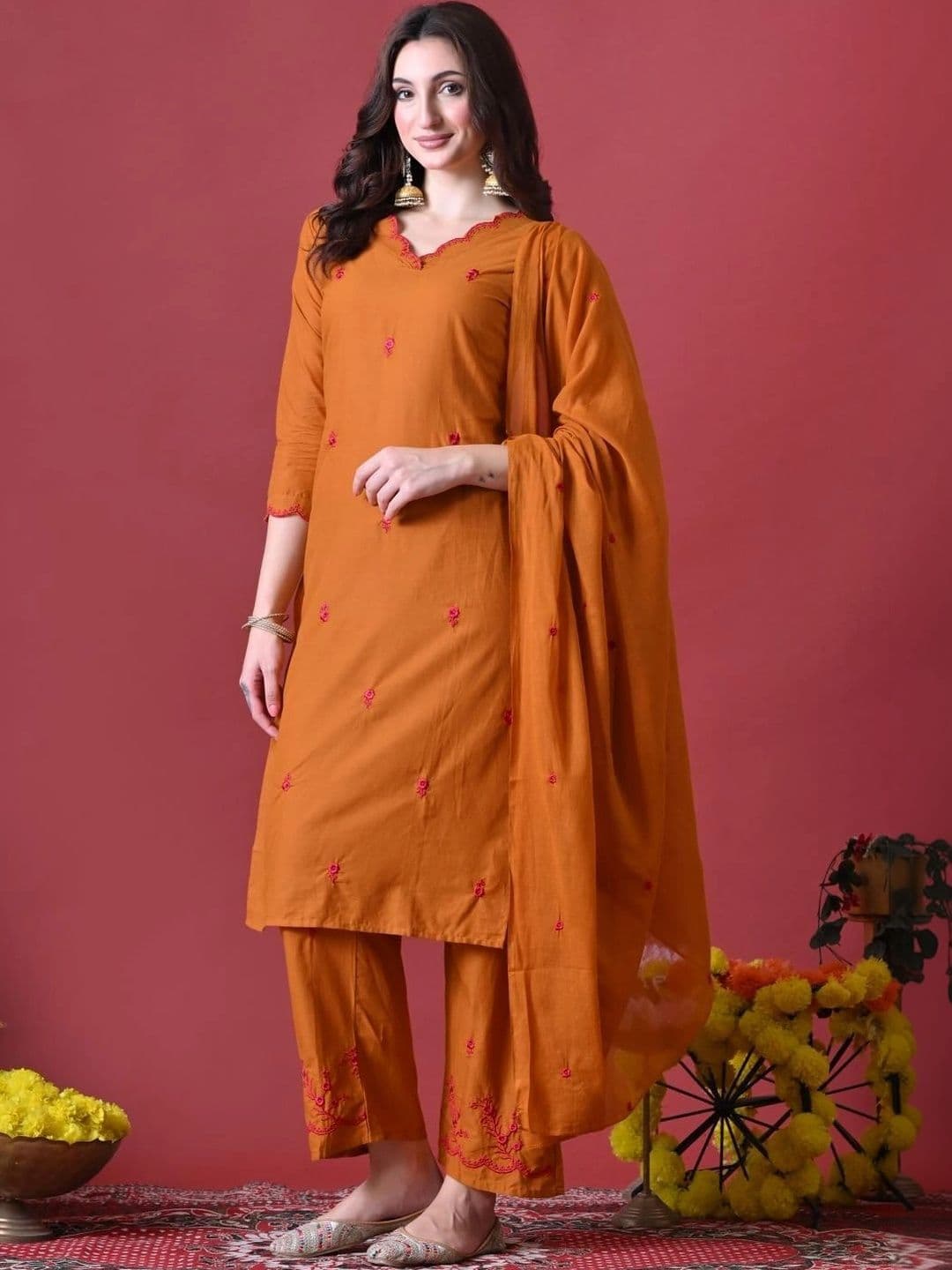 Anouk Women Ethnic Motifs Embroidered Regular Thread Work Pure Cotton Kurta with Trousers & With Dupatta - view 1