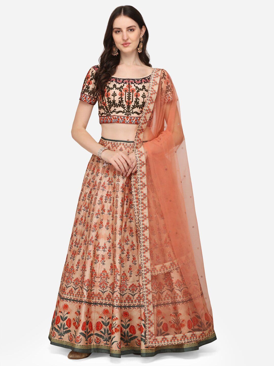 SAPTRANGI Peach-Coloured & Red Embroidered Semi-Stitched Lehenga Set - view 1