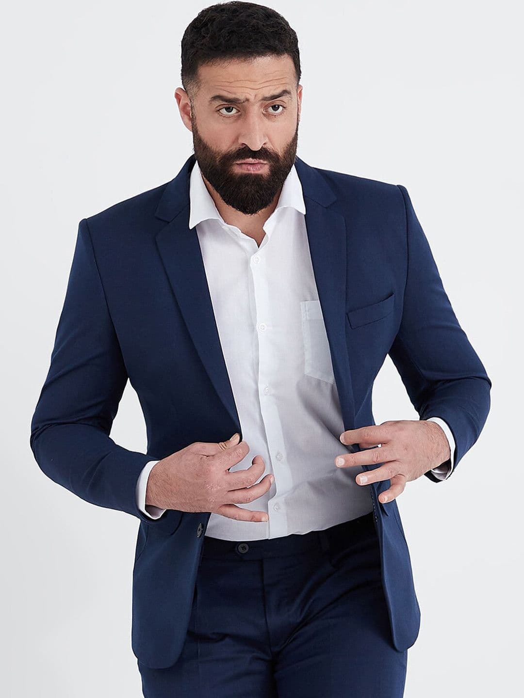 MR BUTTON Men Navy-Blue Solid Slim-Fit Single-Breasted Blazer - view 1