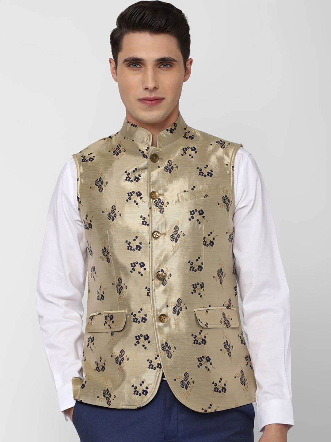 Peter England Elite Men Khaki Woven Design Nehru Jacket - view 1