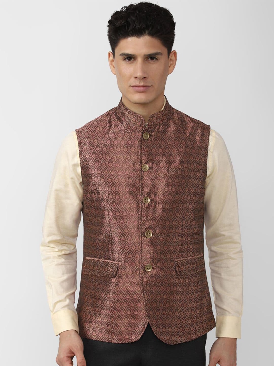 Peter England Elite Men Brown Woven Design Nehru Jacket - view 1