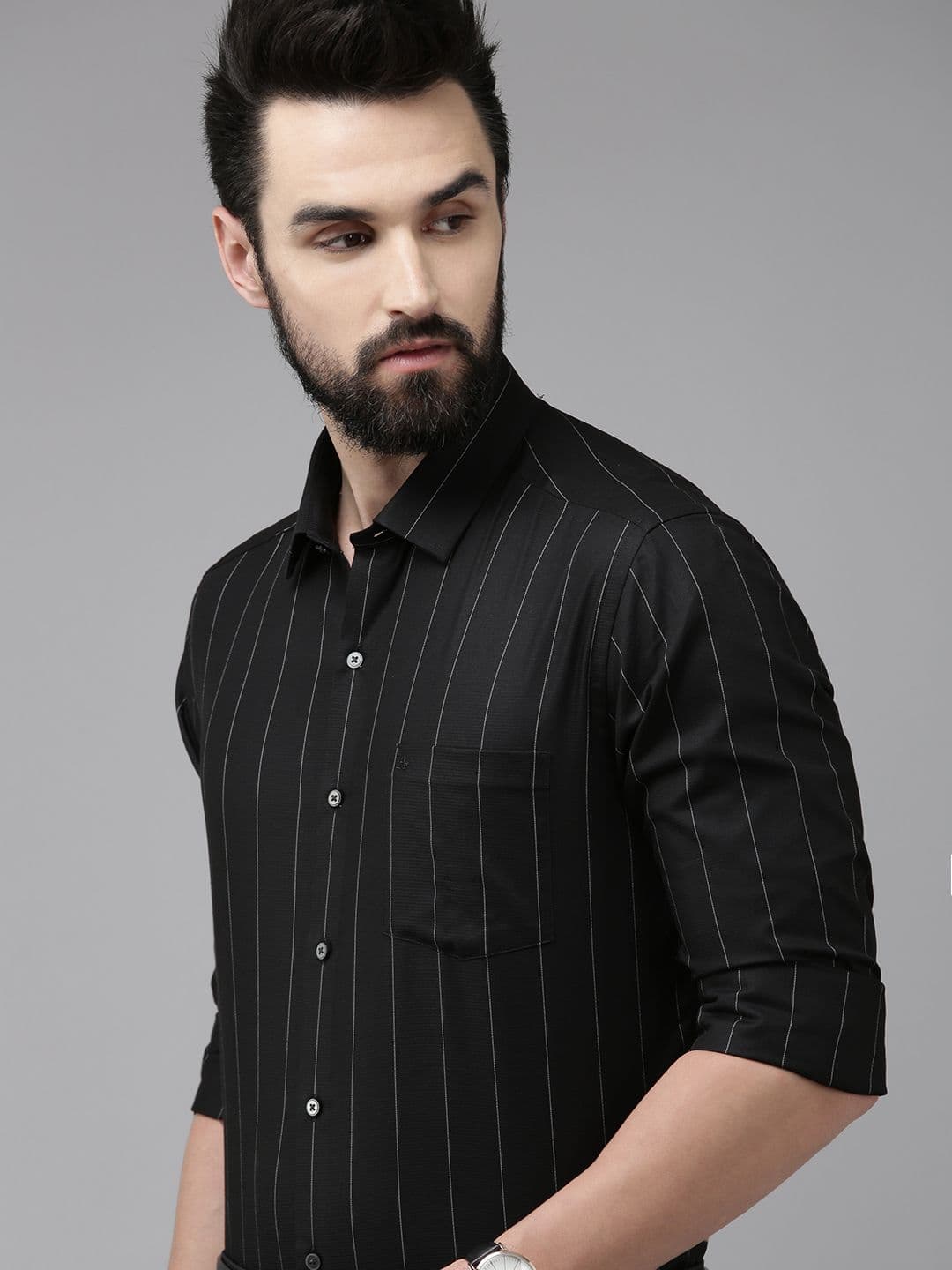 Arrow Men Black Striped Original Slim Fit Pure Cotton Formal Shirt - view 1