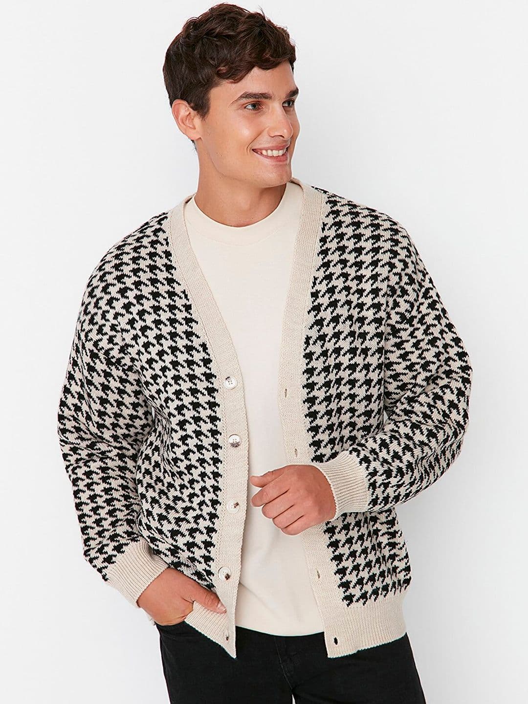 Trendyol Men Beige Black Geometric Tailored Jacket - view 1
