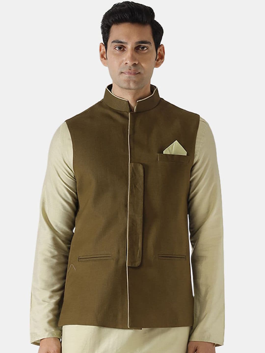 KISAH Men Olive Solid Cotton Nehru Jacket - view 1