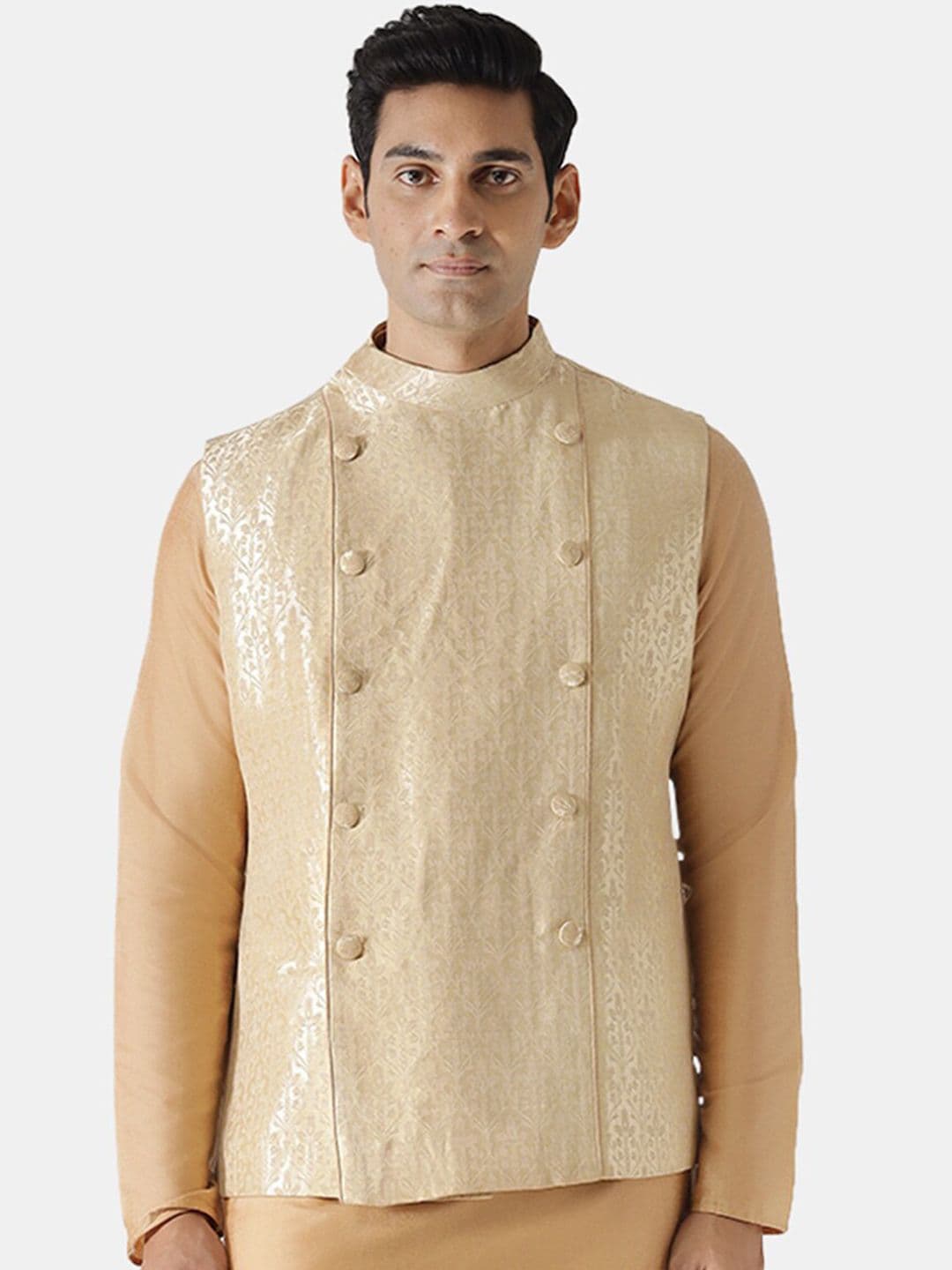 KISAH Men Gold -Coloured Woven Design Nehru Jacket - view 1