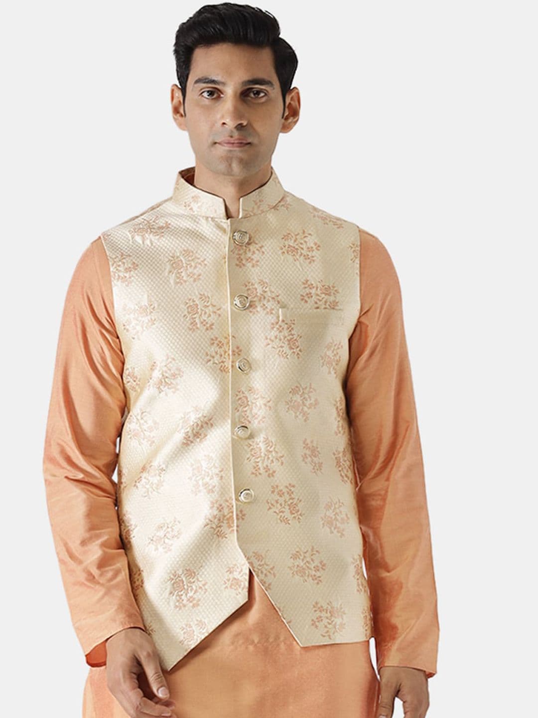KISAH Men Beige Woven Design Nehru Jacket - view 1