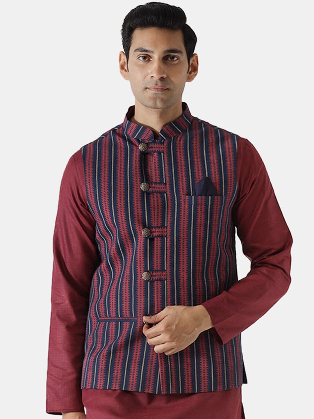 KISAH Men Red & Blue Striped Woven Nehru Jacket - view 1