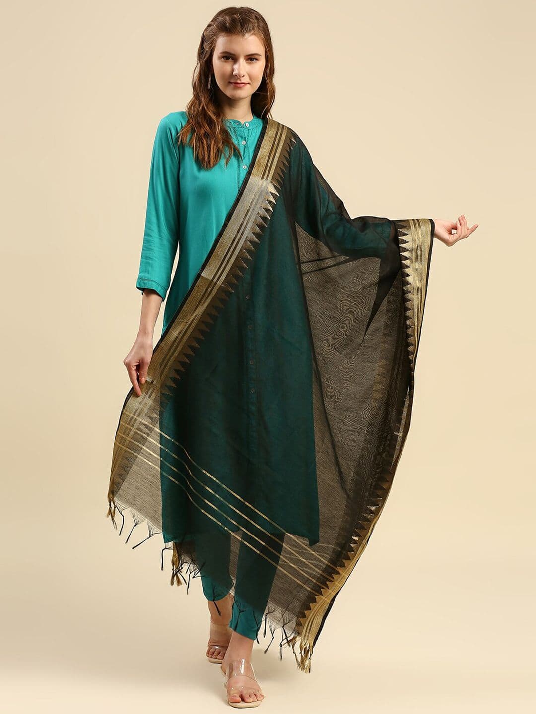 Dupatta Bazaar Black & Gold-Toned Woven Design Dupatta - view 1