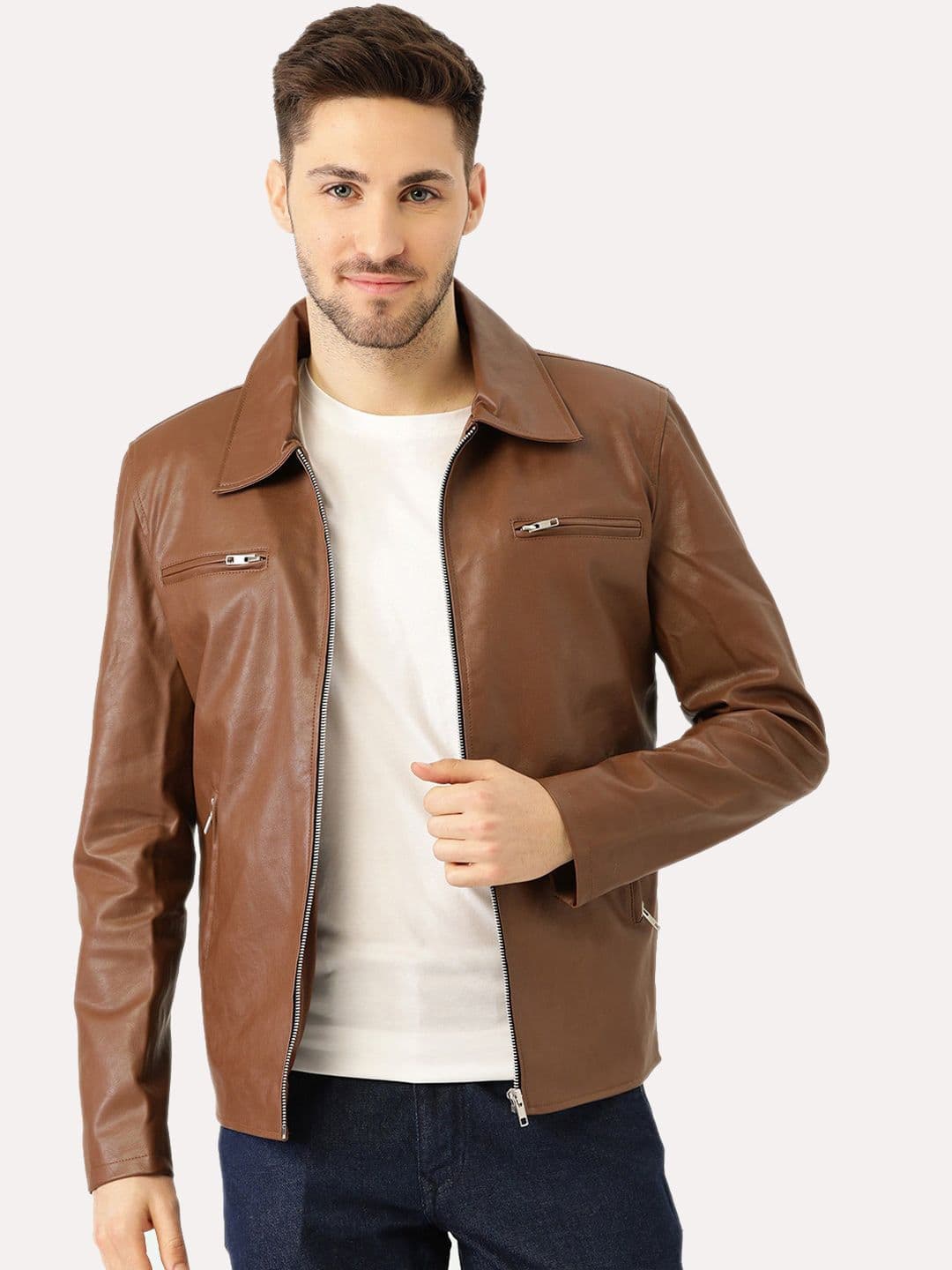 Leather Retail Men Brown Outdoor Biker Jacket - view 1