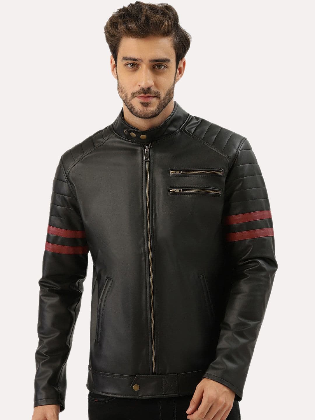 Leather Retail Men Black Striped Outdoor Biker Jacket - view 1