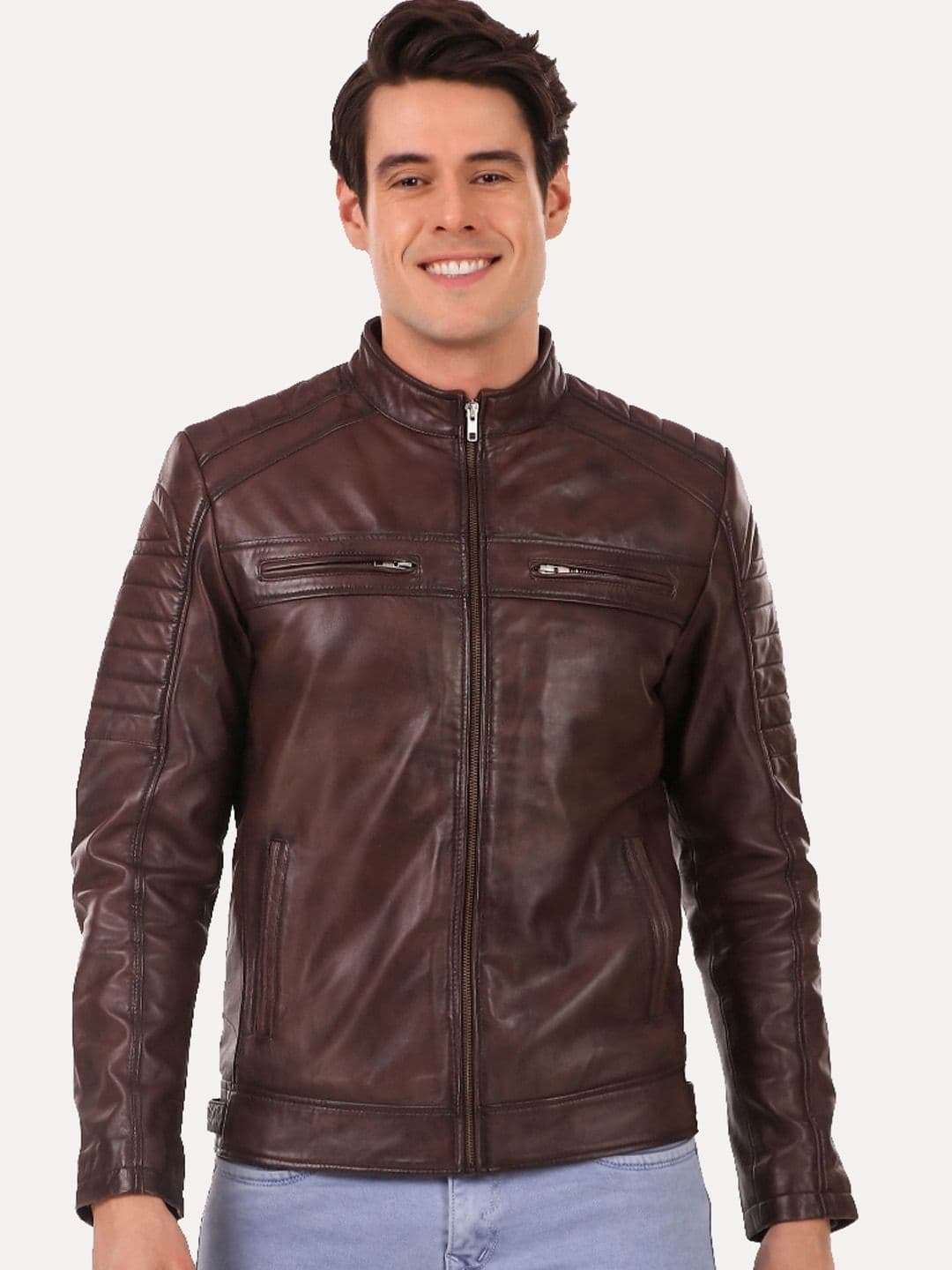 Leather Retail Men Coffee Brown Leather Outdoor Biker Jacket - view 1