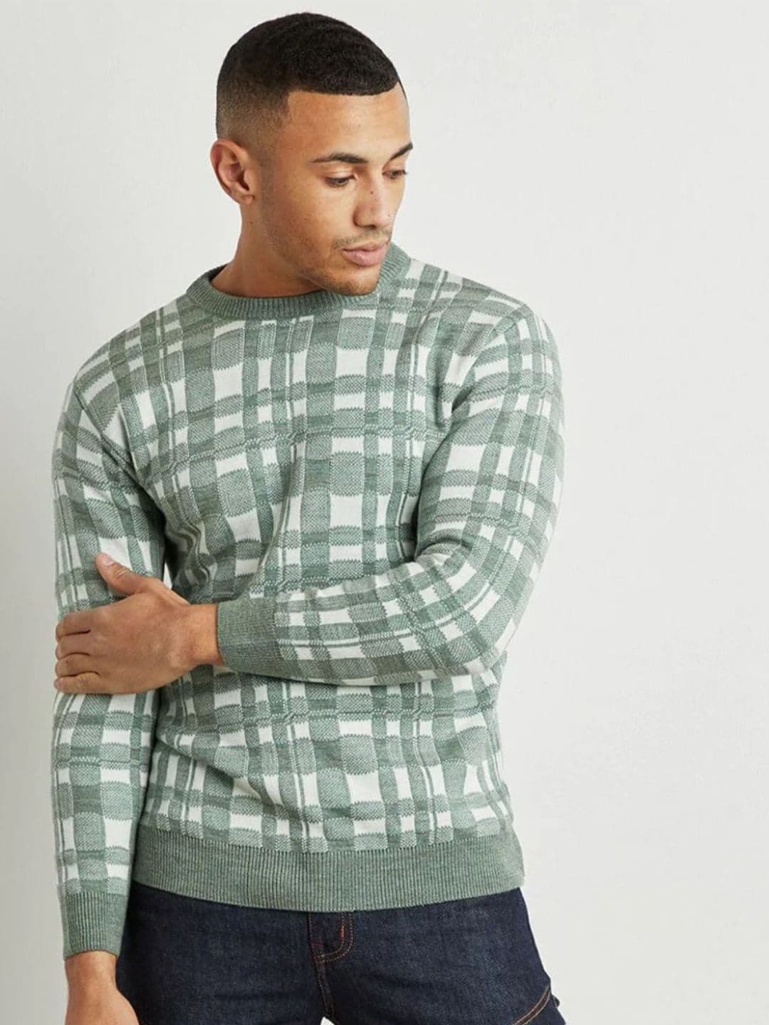 CAHOOT Men Green & White Checked Pullover - view 1