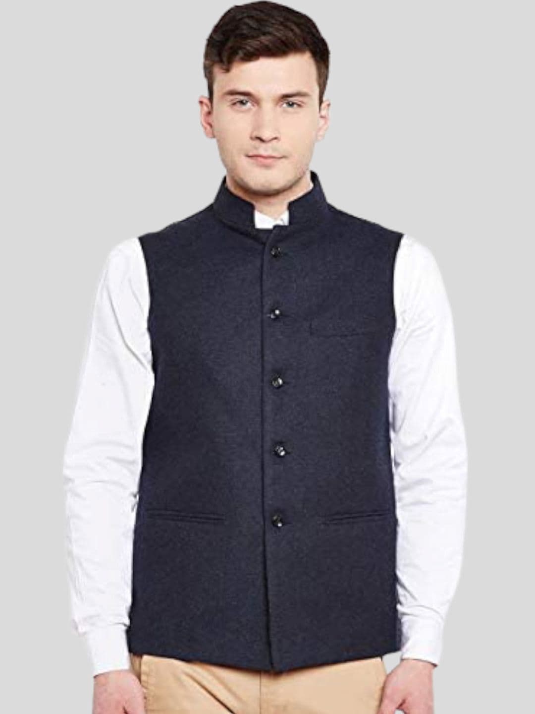 Vastraa Fusion Men Navy Blue Solid Solid Nehru Jacket - view 1