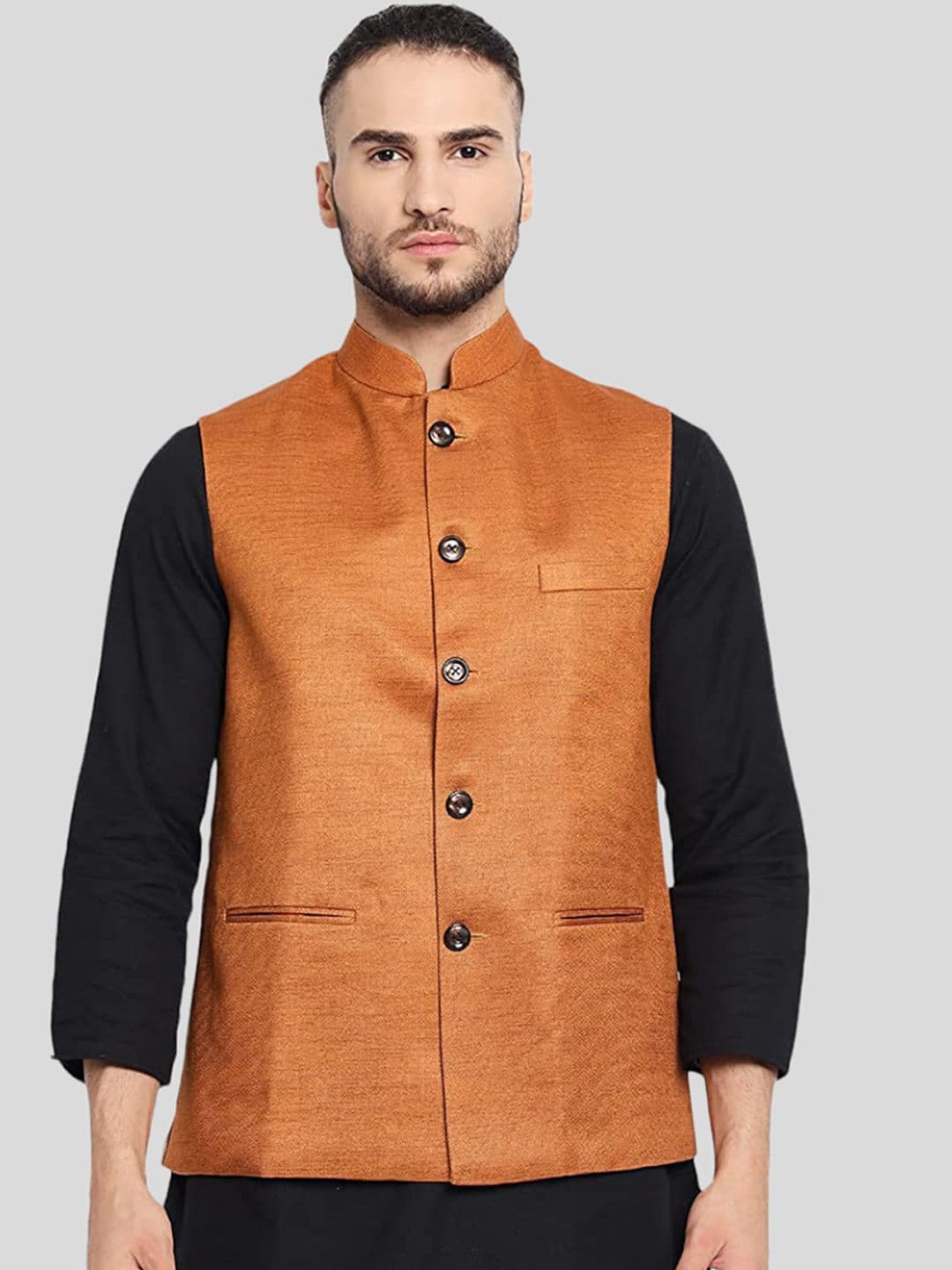 Vastraa Fusion Men Bronze Solid Woven Cotton Jute Nehru Jacket - view 1