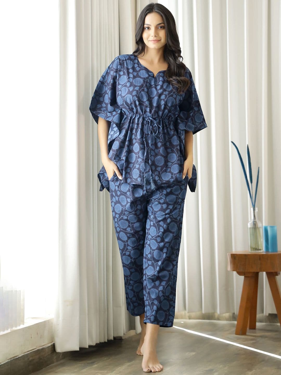 SANSKRUTIHOMES Oskfp Floral Kaftan with Pyjamas Night Suit - view 1