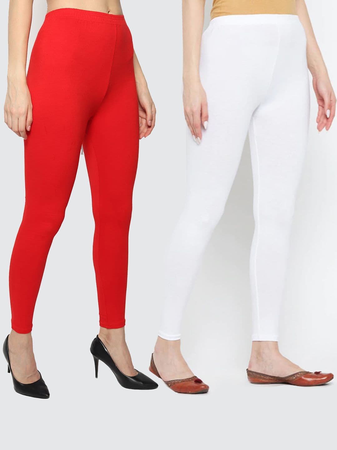 KEX Women Pack Of 2 Red & White Solid Ankle-Length Leggings - view 1
