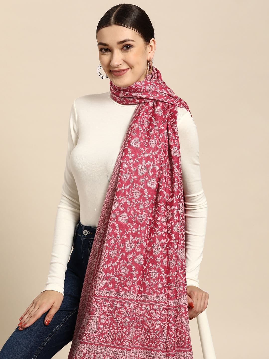 Sangria Women Pink & White Kashmiri Embroidery Shawl - view 1