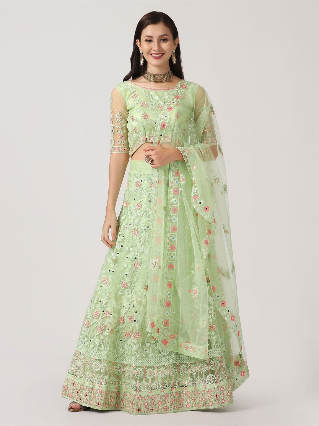 Warthy Ent Green & Gold-Toned Thread Work Semi-Stitched Lehenga & Unstitched Blouse With Dupatta - view 1