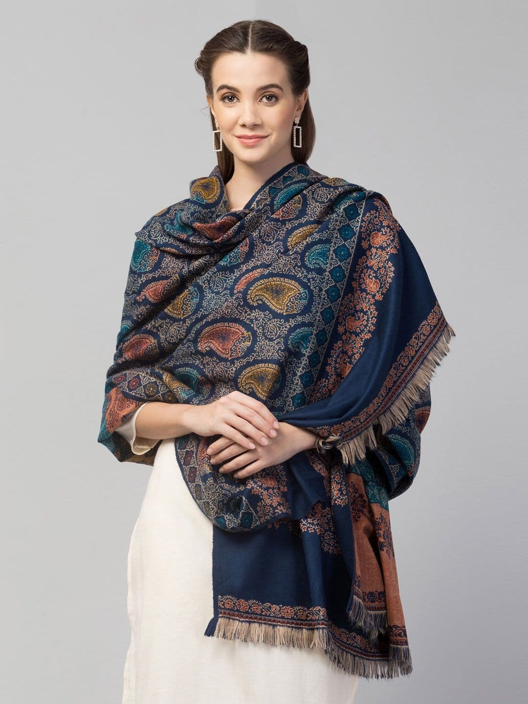 Tweedle Women Blue Printed Woven Woolen Design Shawl - view 1
