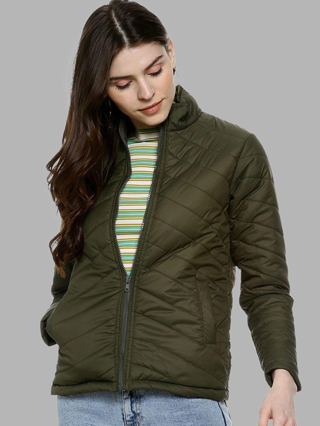 PINACOLADA Women Olive Green Windcheater Outdoor Puffer Jacket - view 1