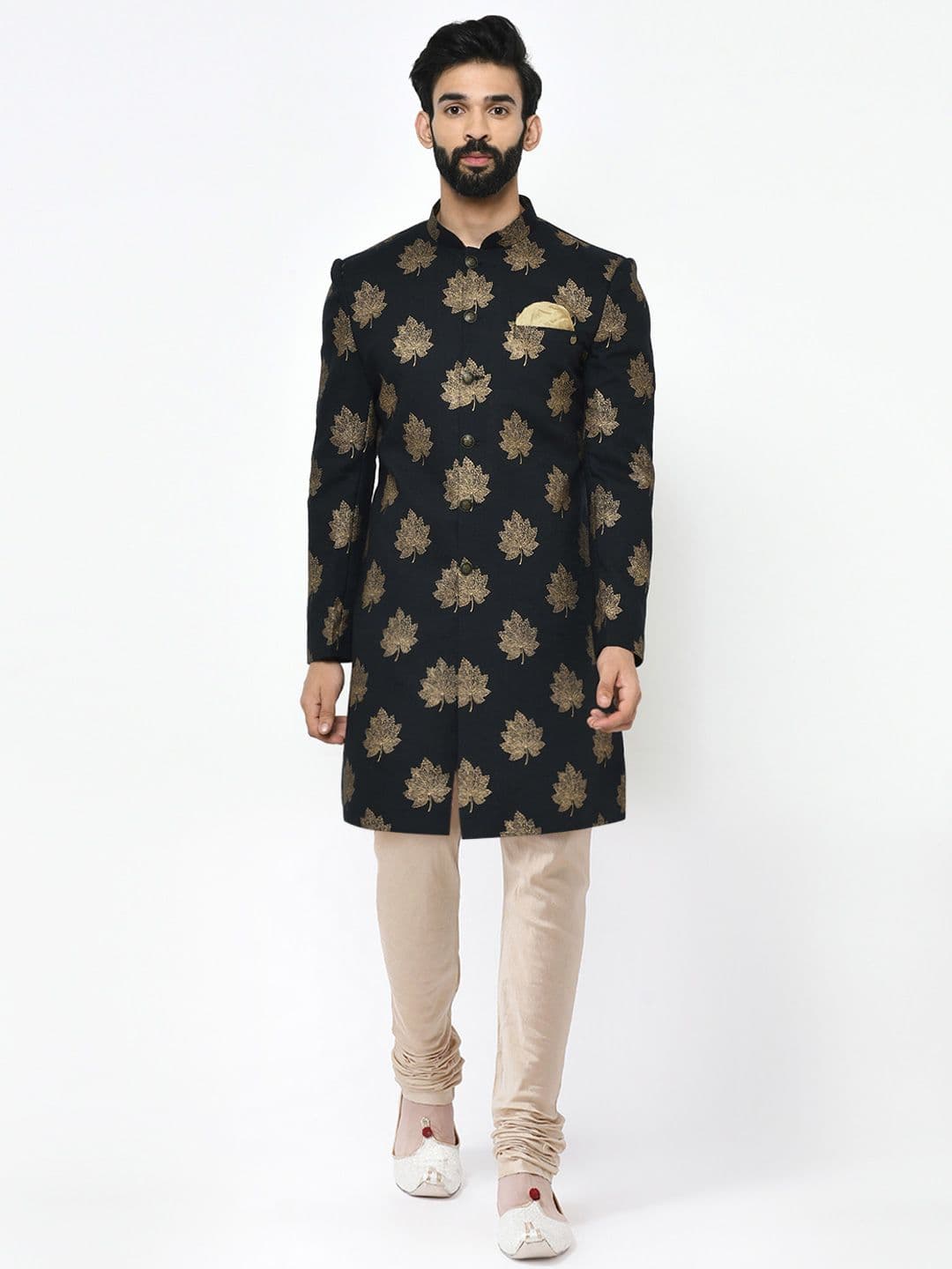 KISAH Men Black & Gold Printed Cotton Sherwani Set