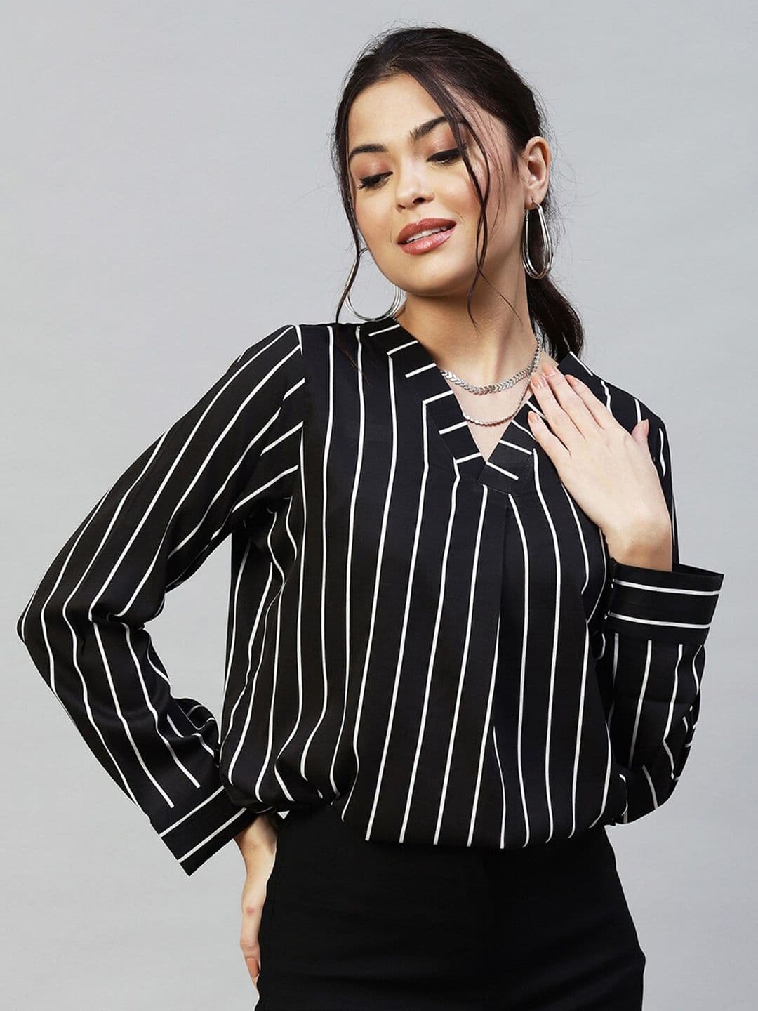 Selvia Women Black & White Striped Crepe Top - view 1