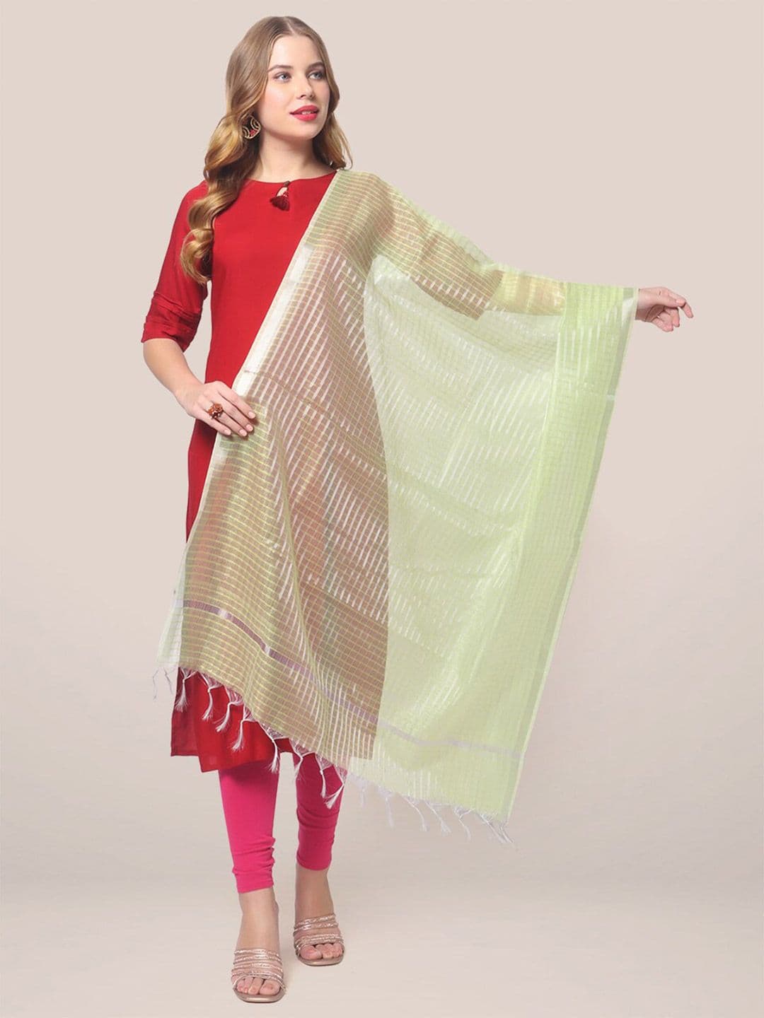 Dupatta Bazaar Women Green & Silver-Toned Checked Dupatta - view 1