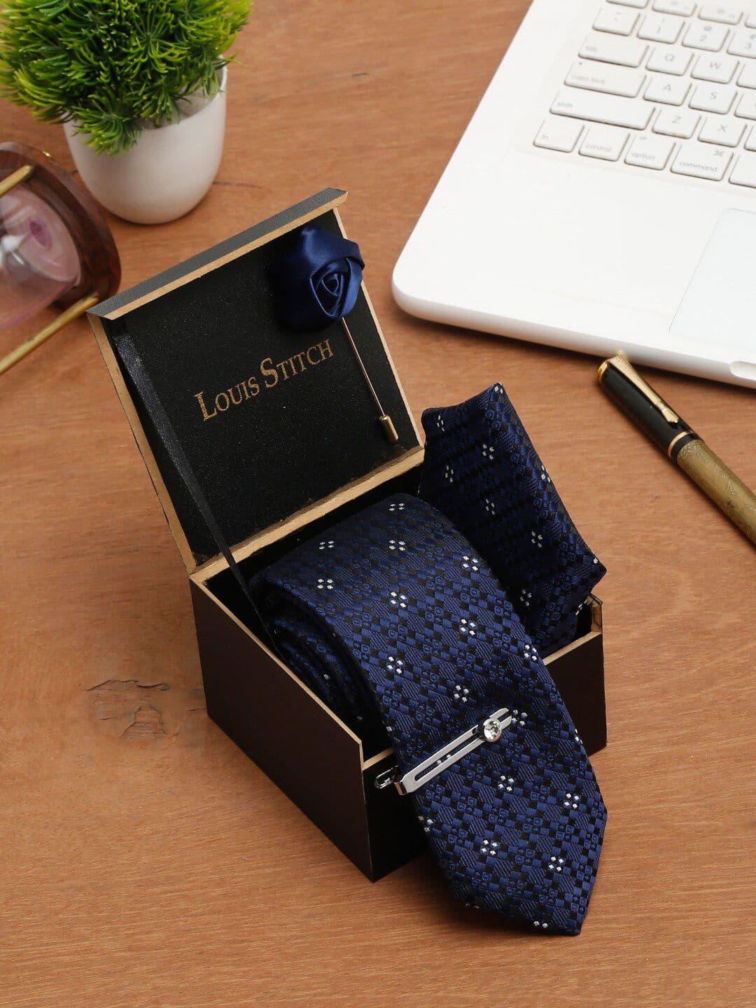 LOUIS STITCH Men Blue & White Woven Design Broad Tie - view 1