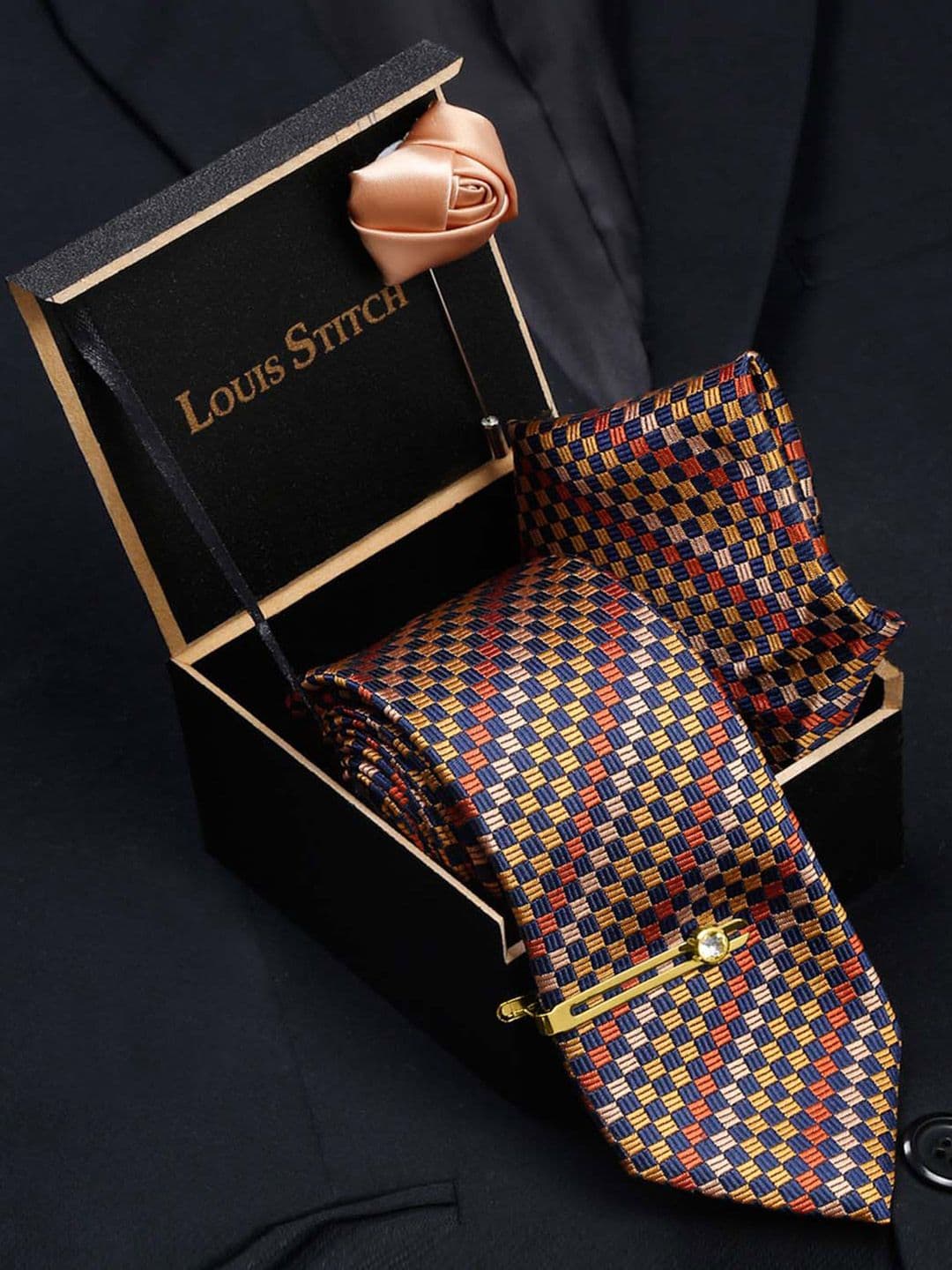 LOUIS STITCH Men Munsell Yellow Italian Silk Necktie Accessory Gift Set - view 1