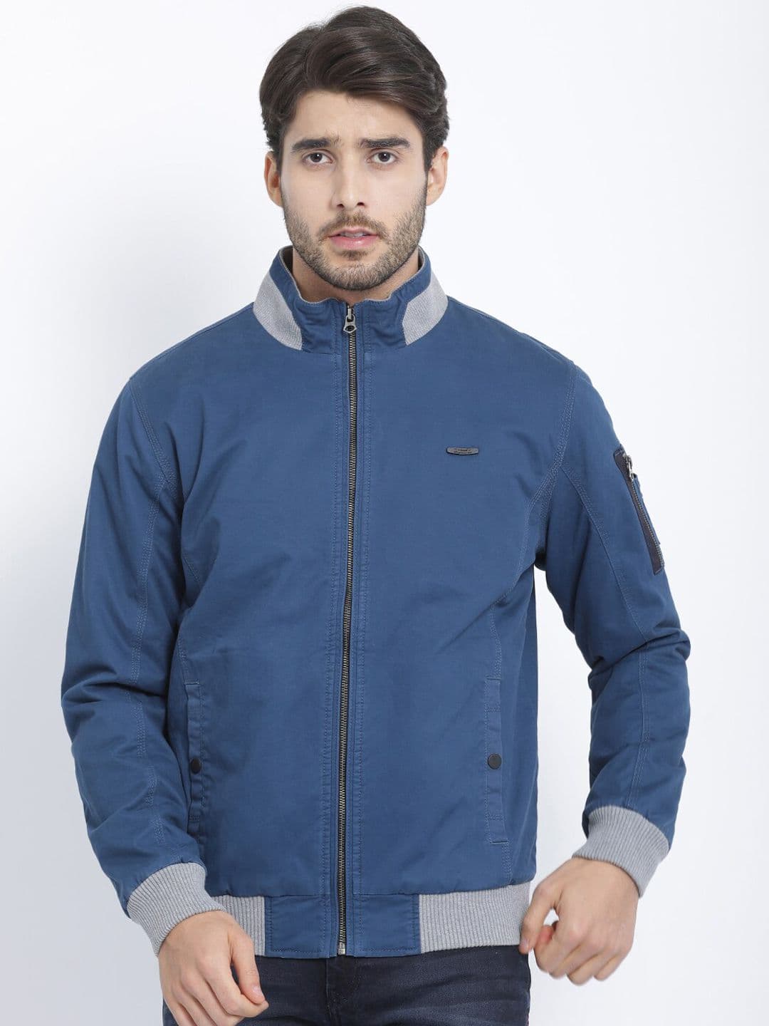t-base Men Plus Size Blue Solid Bomber Jacket - view 1