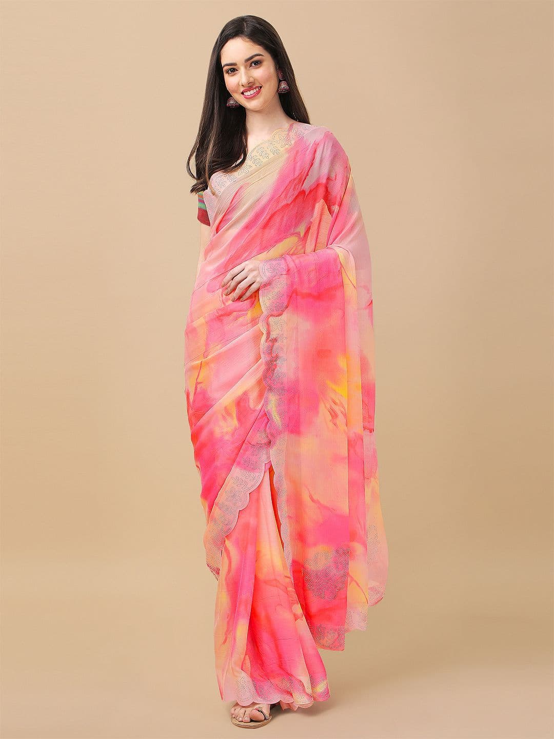 Mitera Rose & Yellow Tie and Dye Beads and Stones Saree - view 1