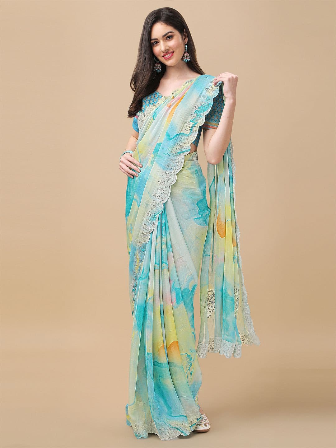 Mitera Blue & Blue Tie and Dye Beads and Stones Saree - view 1