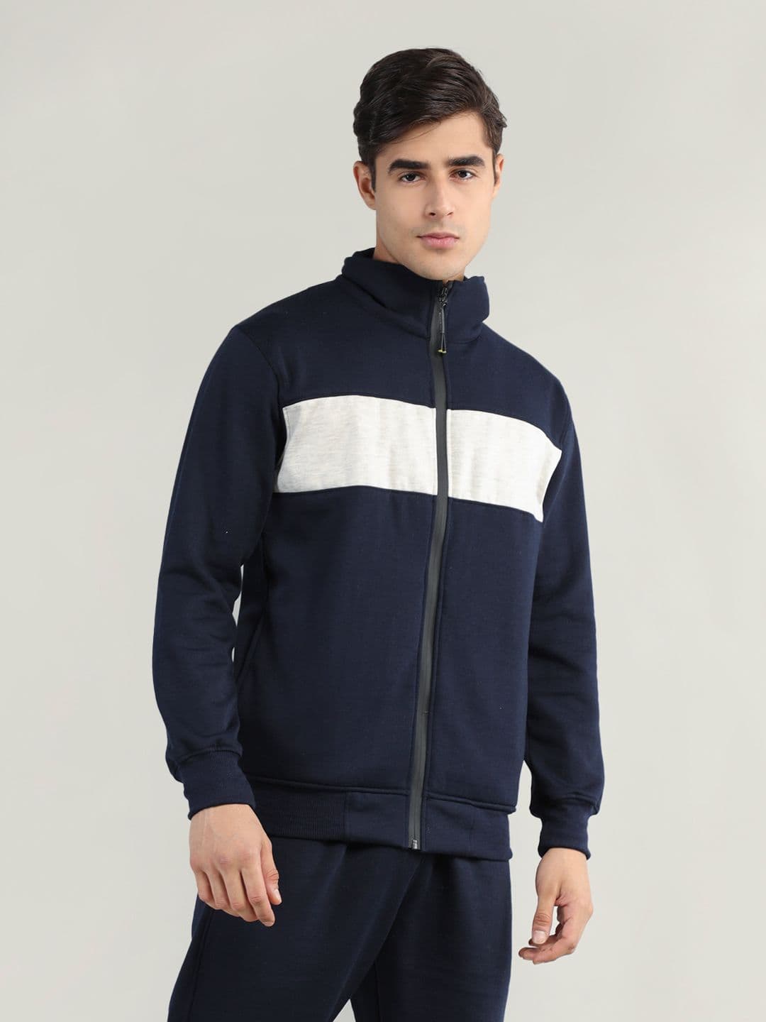 CHKOKKO Men Navy Blue White Colourblocked Fleece Bomber Jacket - view 1