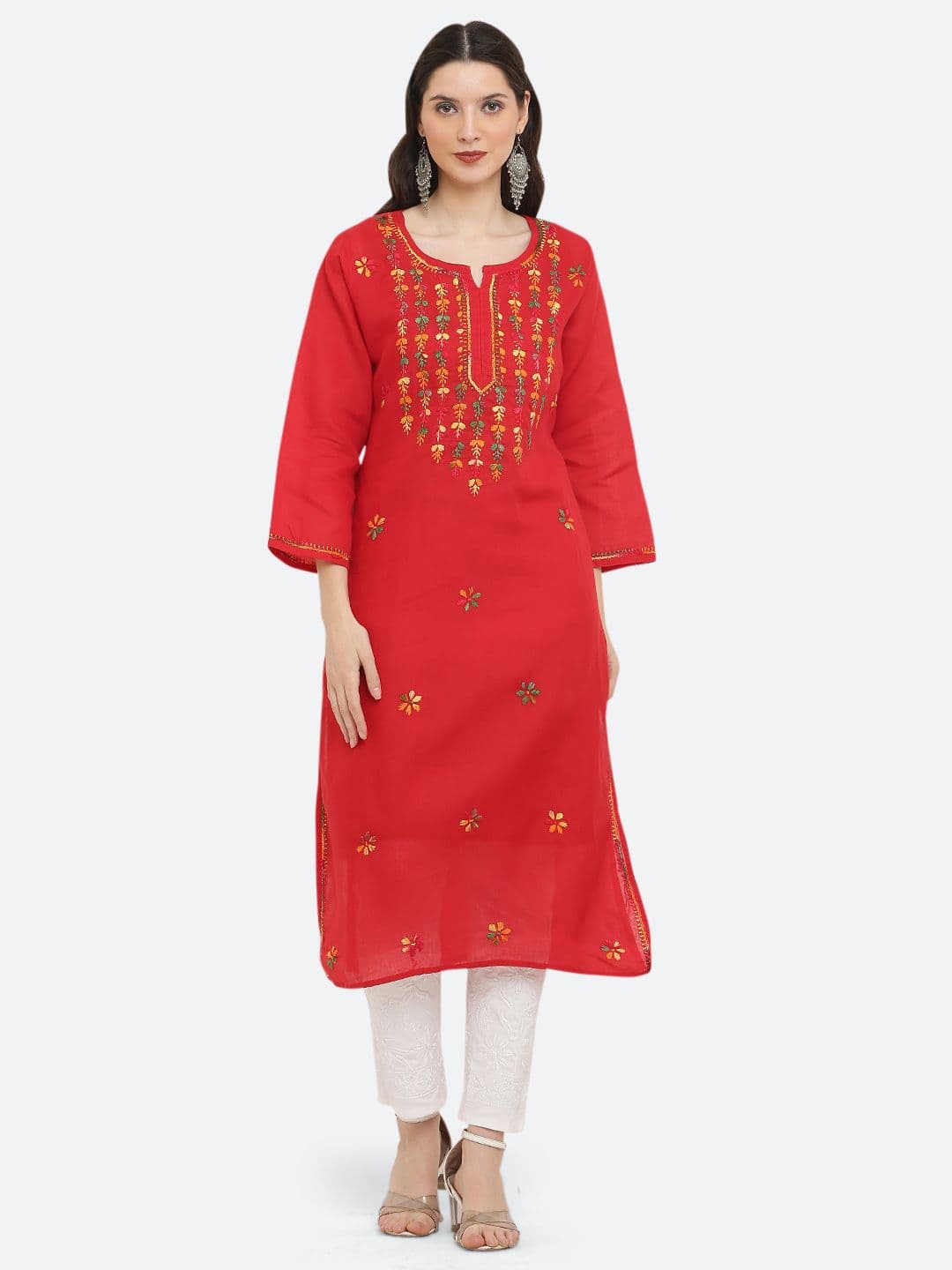 FAWOMENT Women Red Ethnic Motifs Embroidered Chikankari Cotton Kurta - view 1