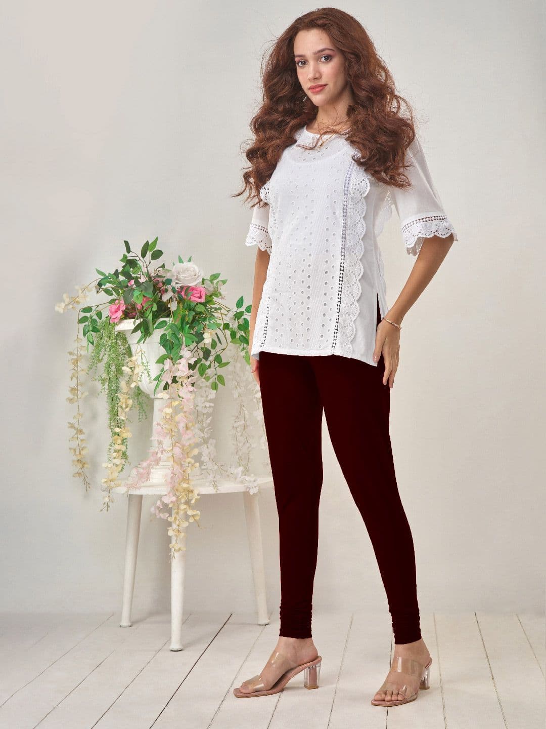 LYRA Women Maroon Solid Churidar-Length Leggings - view 1