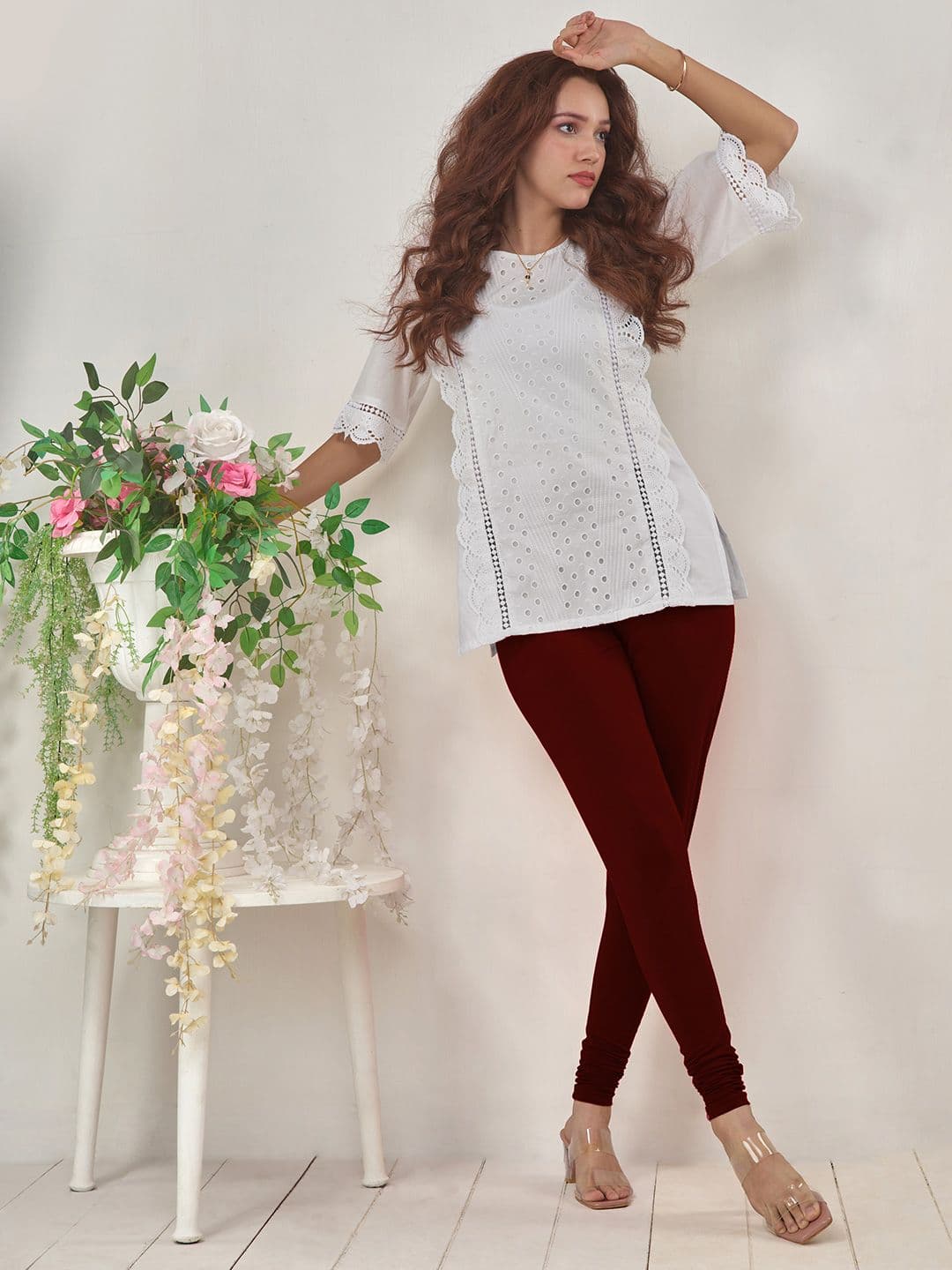 LYRA Women Maroon Solid Churidar Length Leggings - view 1