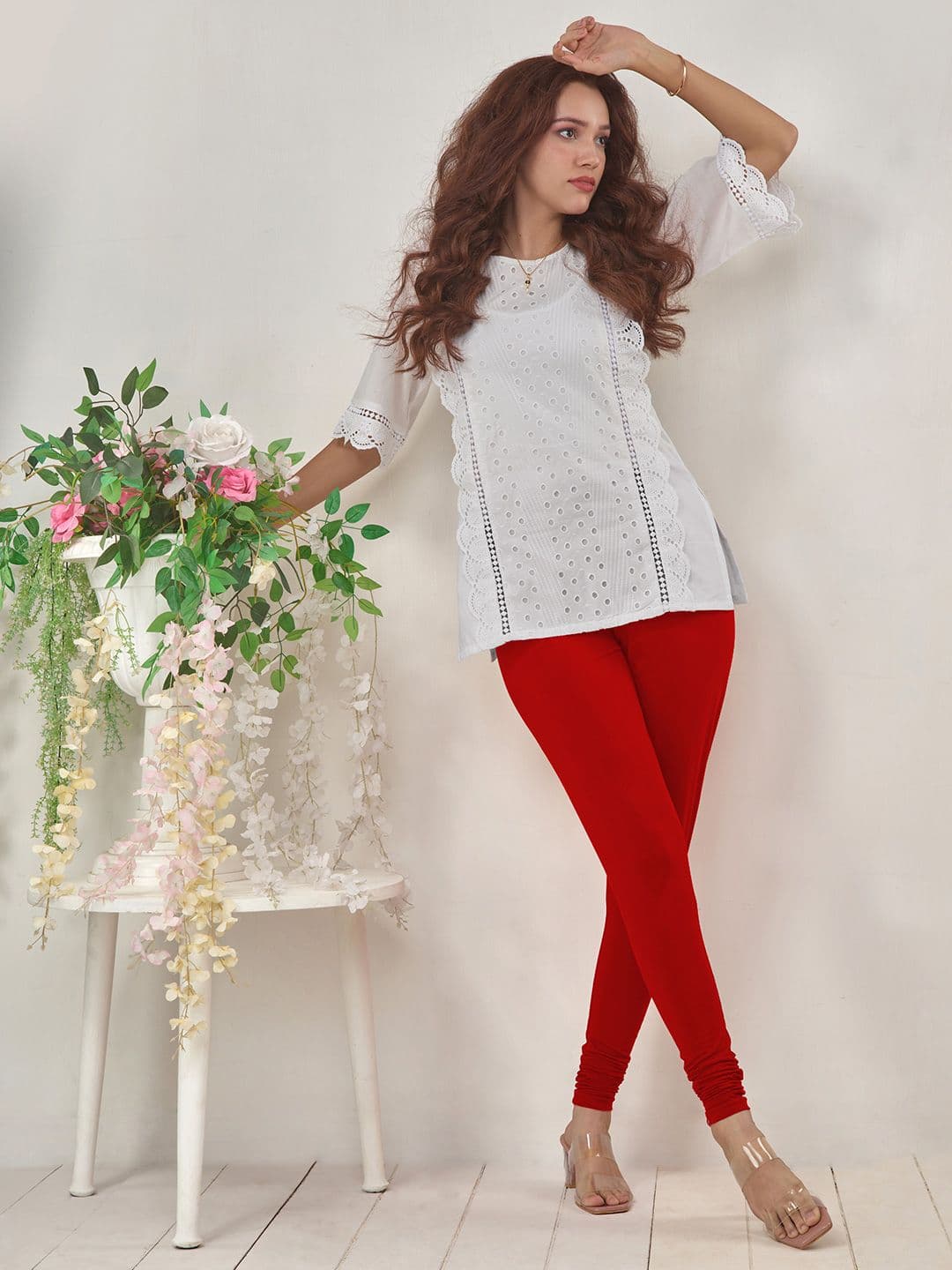 LYRA Women Red Solid Churidar Length Leggings - view 1