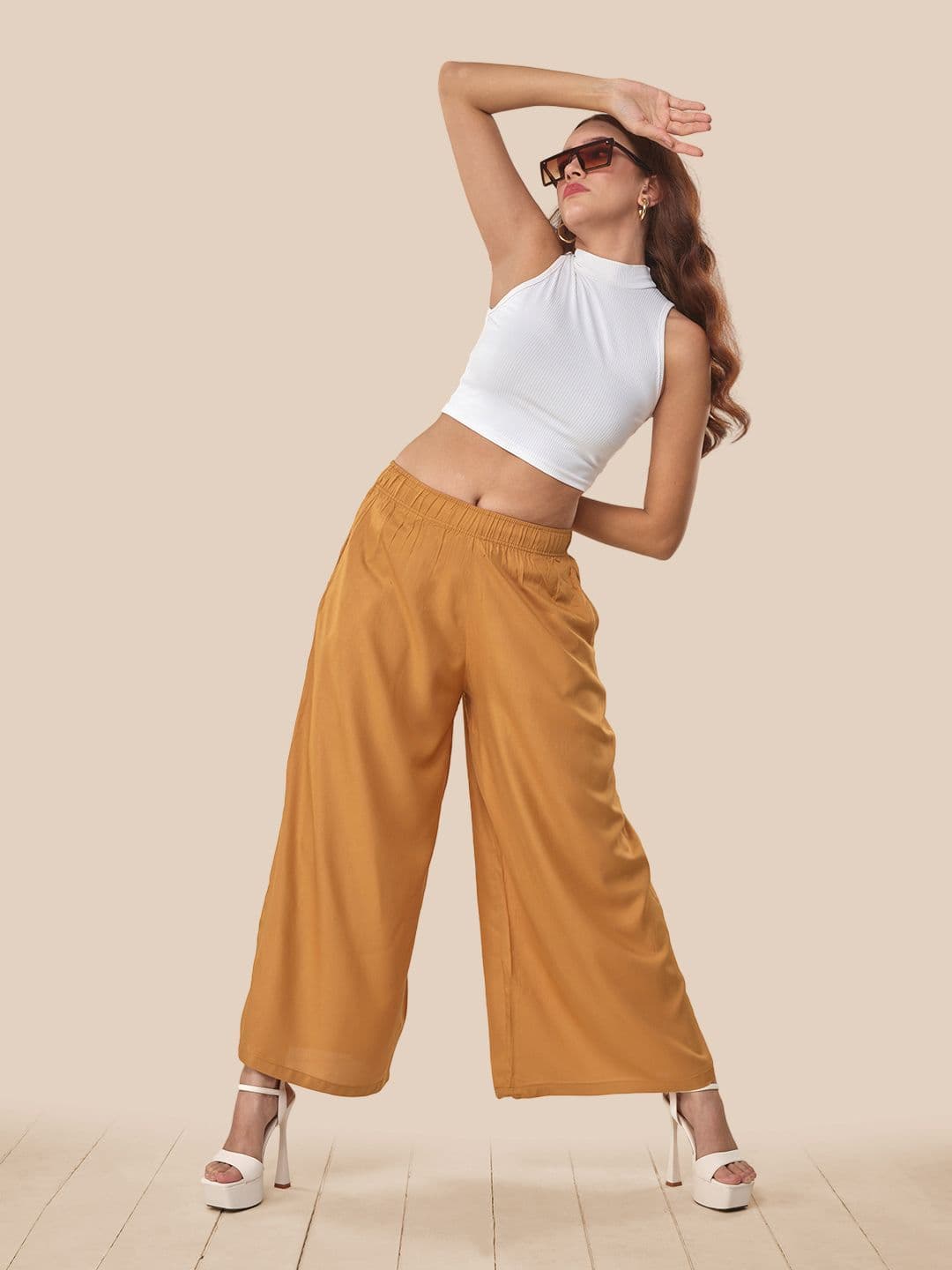 LYRA Women Mustard Yellow Cotton Flared Knitted Ethnic Palazzos - view 1