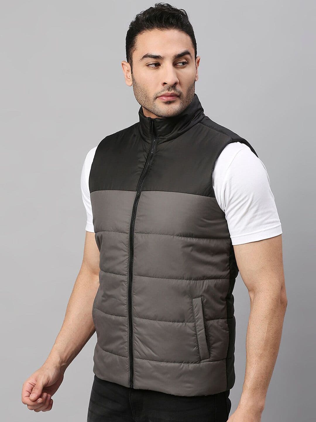 Dennis Lingo Men Grey Black Colourblocked Lightweight Longline Padded Jacket
