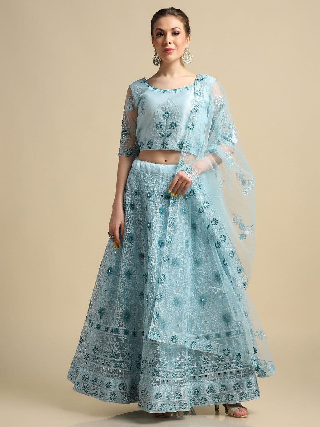 Warthy Ent Blue Mirror Work Semi-Stitched Lehenga & Unstitched Blouse With Dupatta - view 1