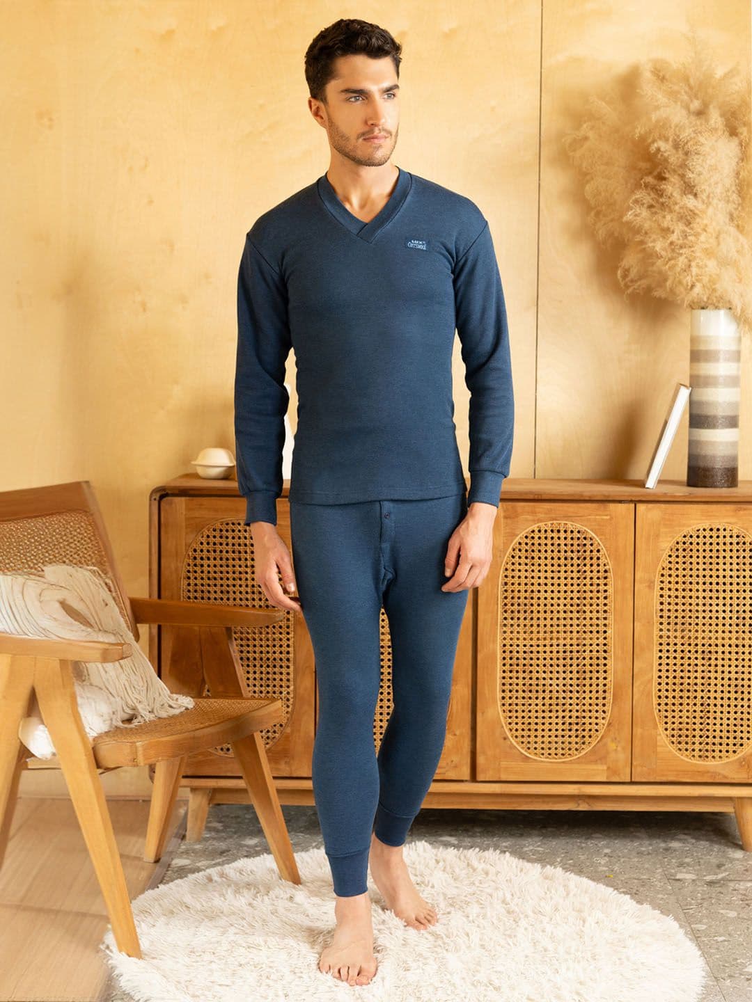 Lux Cottswool Men Plus Size Blue Solid Cotton Thermal Set - view 1