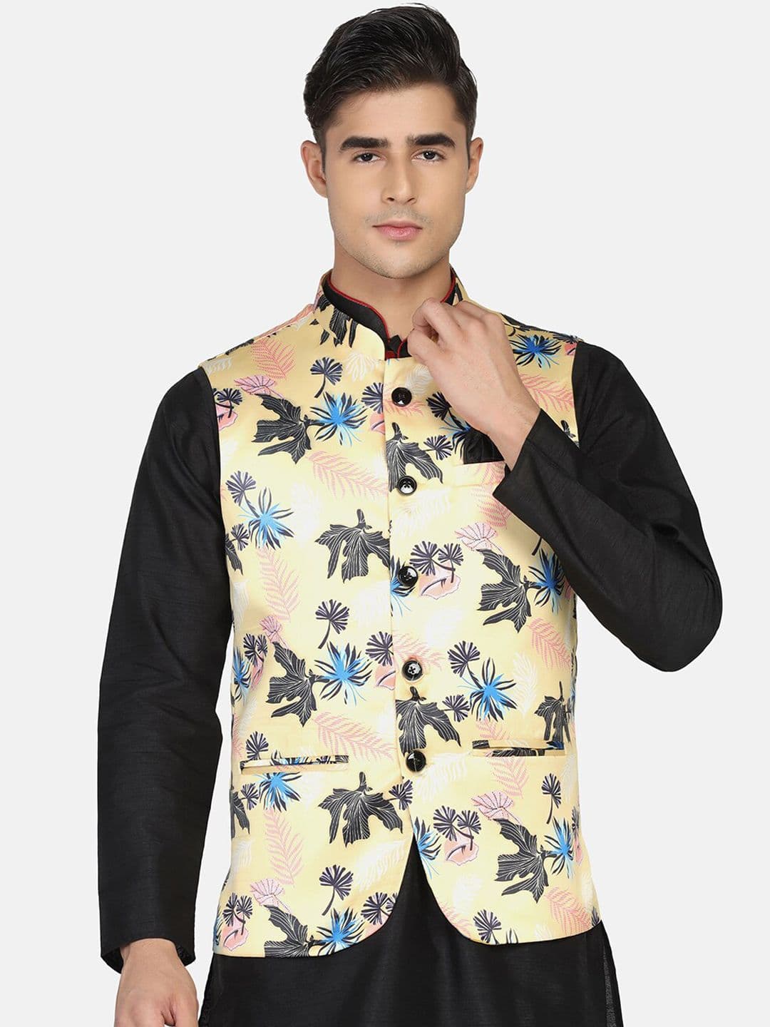 TAHVO Men Yellow & Black Printed Nehru Jacket - view 1