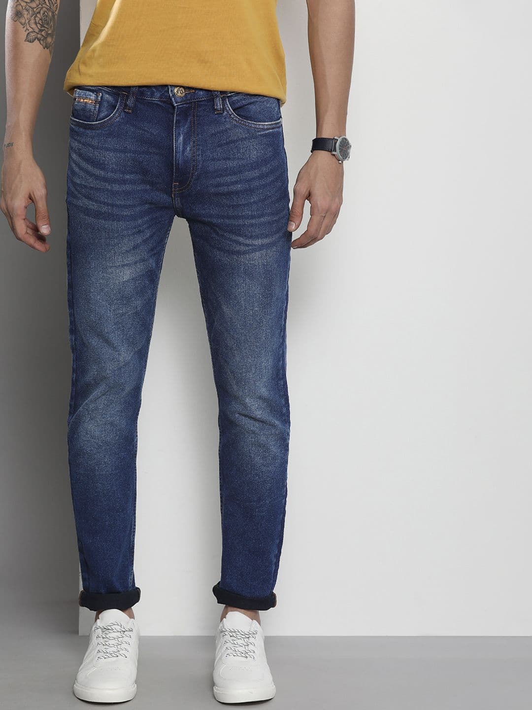 The Indian Garage Co Men Navy Blue Slim Fit Light Fade Stretchable Jeans - view 1