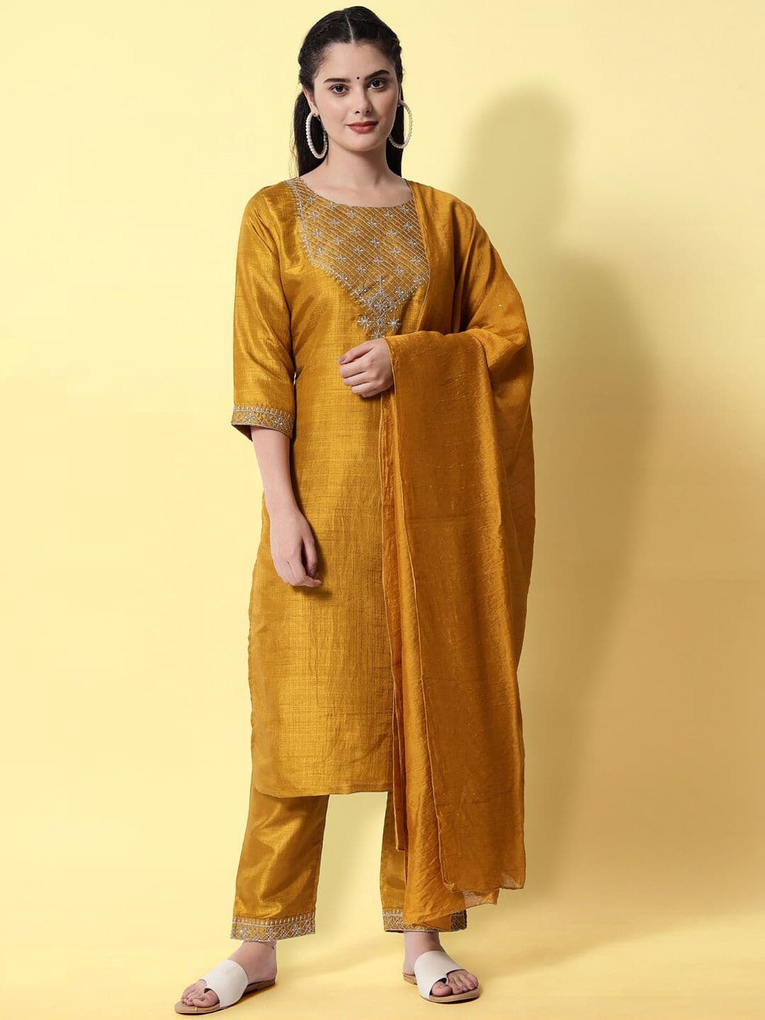 VredeVogel Women Mustard Yellow Yoke Design Kurta with Trousers & With Dupatta - view 1