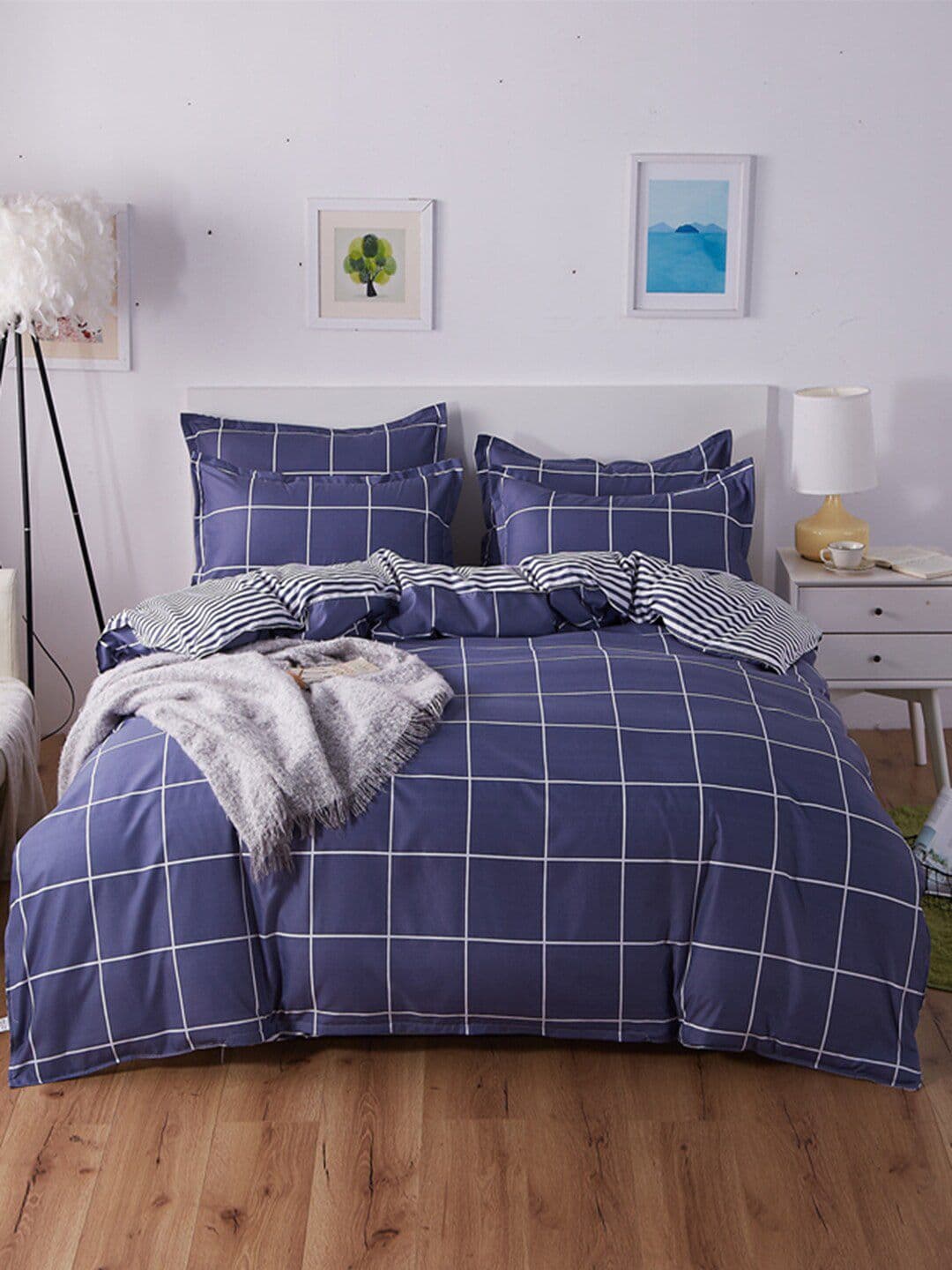 JC HOME White Blue Checked Queen Bedding Set 2 Pillow Covers Quilt Cover - view 1